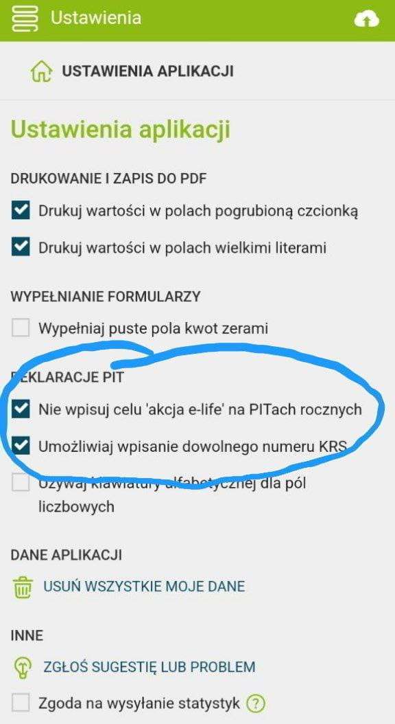 e-pity settings: checkboxes for choosing the organization to receive 1.5% of your tax