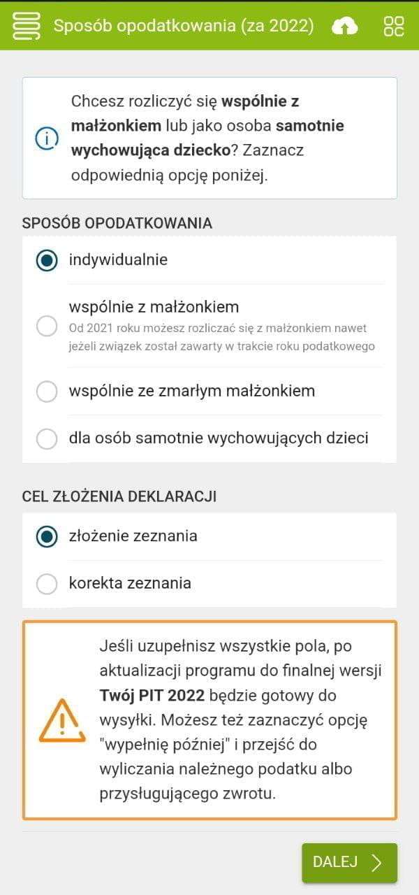 e-pity: choosing the settlement type (rodzaj rozliczenia) — individually, with a spouse, or as a single parent