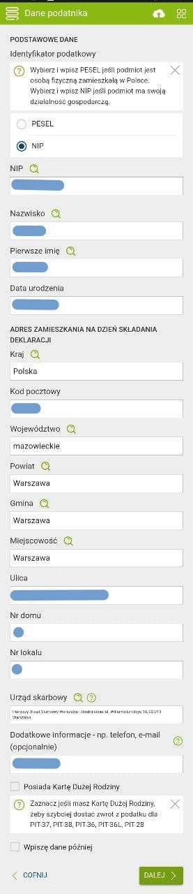 e-pity: personal data form (dane podstawowe) — NIP, name, address, tax office selection