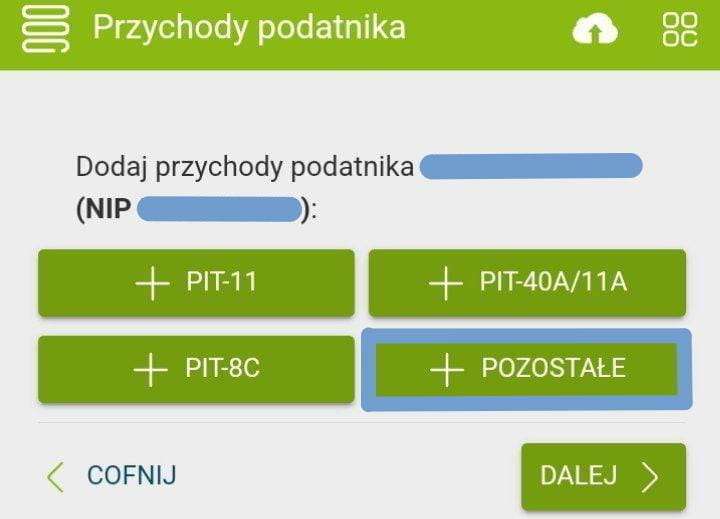 e-pity: Przychody podatnika screen, Pozostałe button for adding income