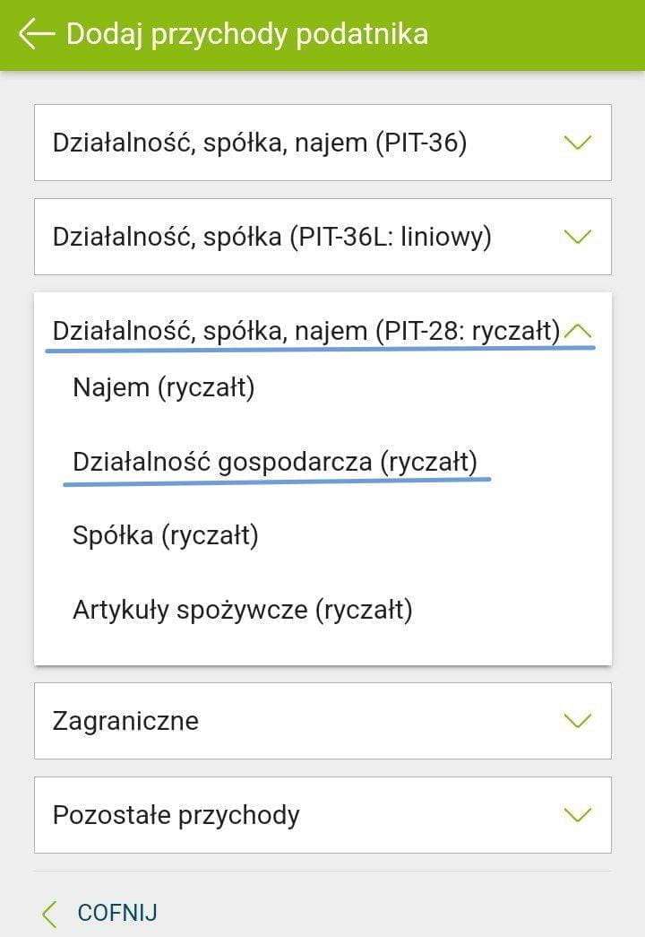 e-pity: Dodaj przychody podatnika — choosing the tax system, Ryczałt (PIT-28) option