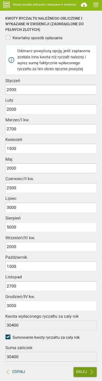 e-pity: monthly ryczałt amounts and the Kwota wpłaconego ryczałtu za cały rok field