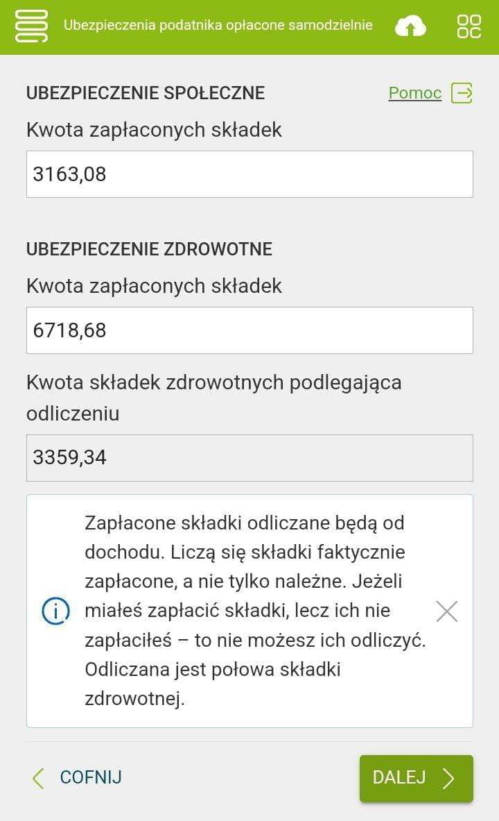 e-pity: fields for yearly ZUS contributions — społeczne and zdrowotne