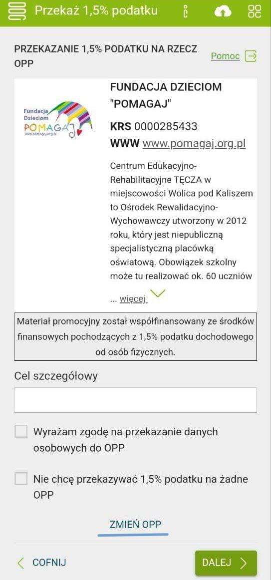 e-pity: step for donating 1.5% of tax to an OPP organization, ZMIEŃ OPP button