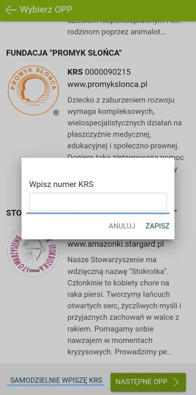 e-pity: choosing an OPP foundation from the list or entering a KRS number manually