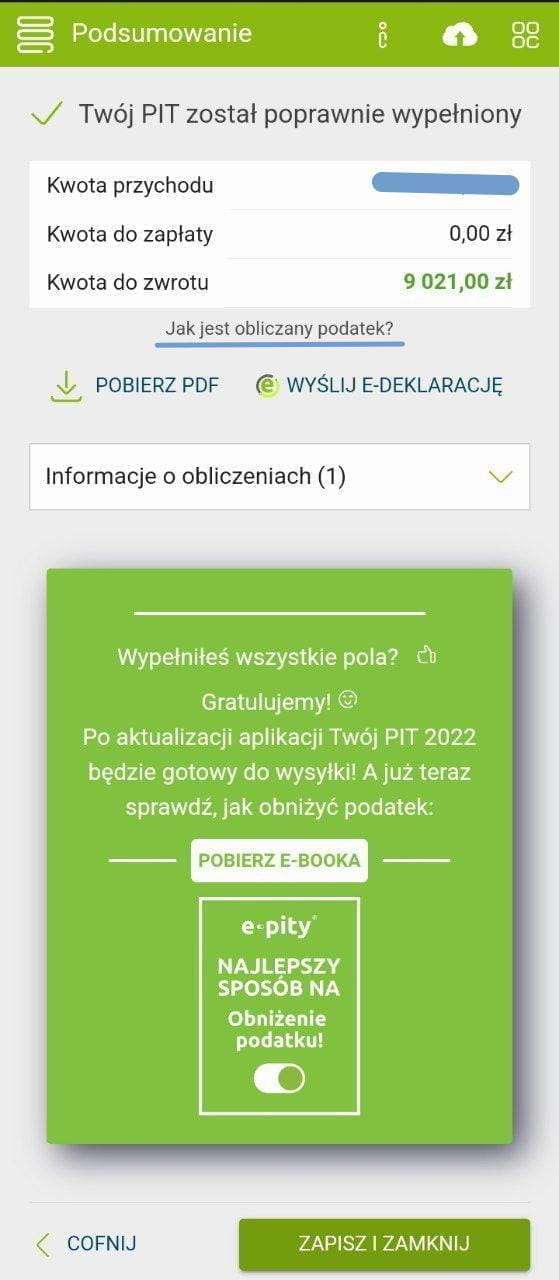 e-pity: summary screen (podsumowanie) with the amount to be refunded or paid