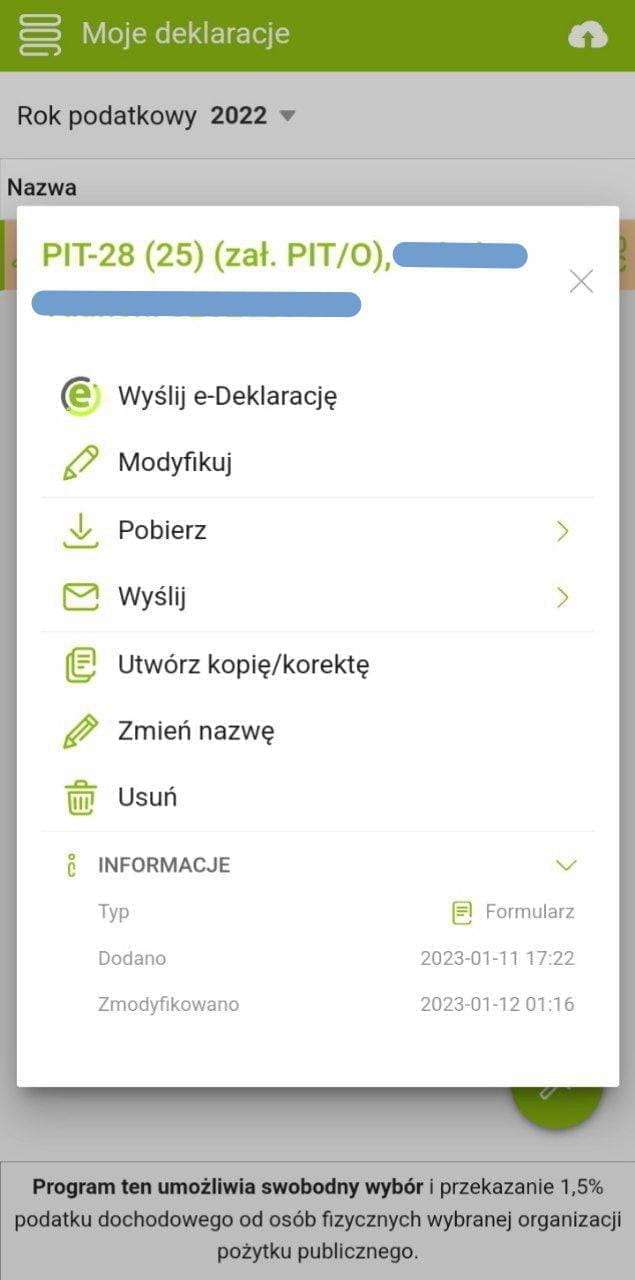 e-pity: declaration actions menu — send, edit, download PDF, correction