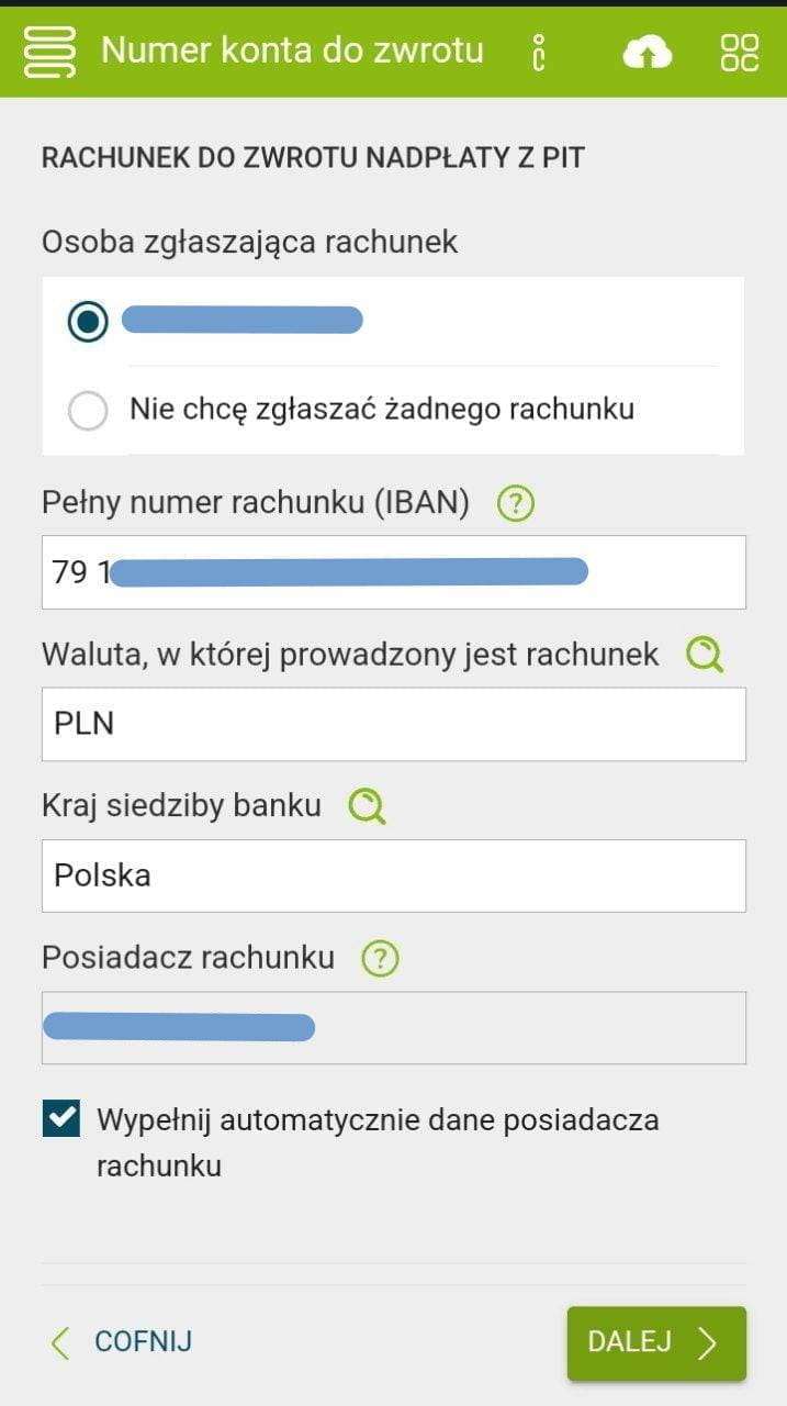e-pity: bank account (rachunek) and owner name fields for the tax refund