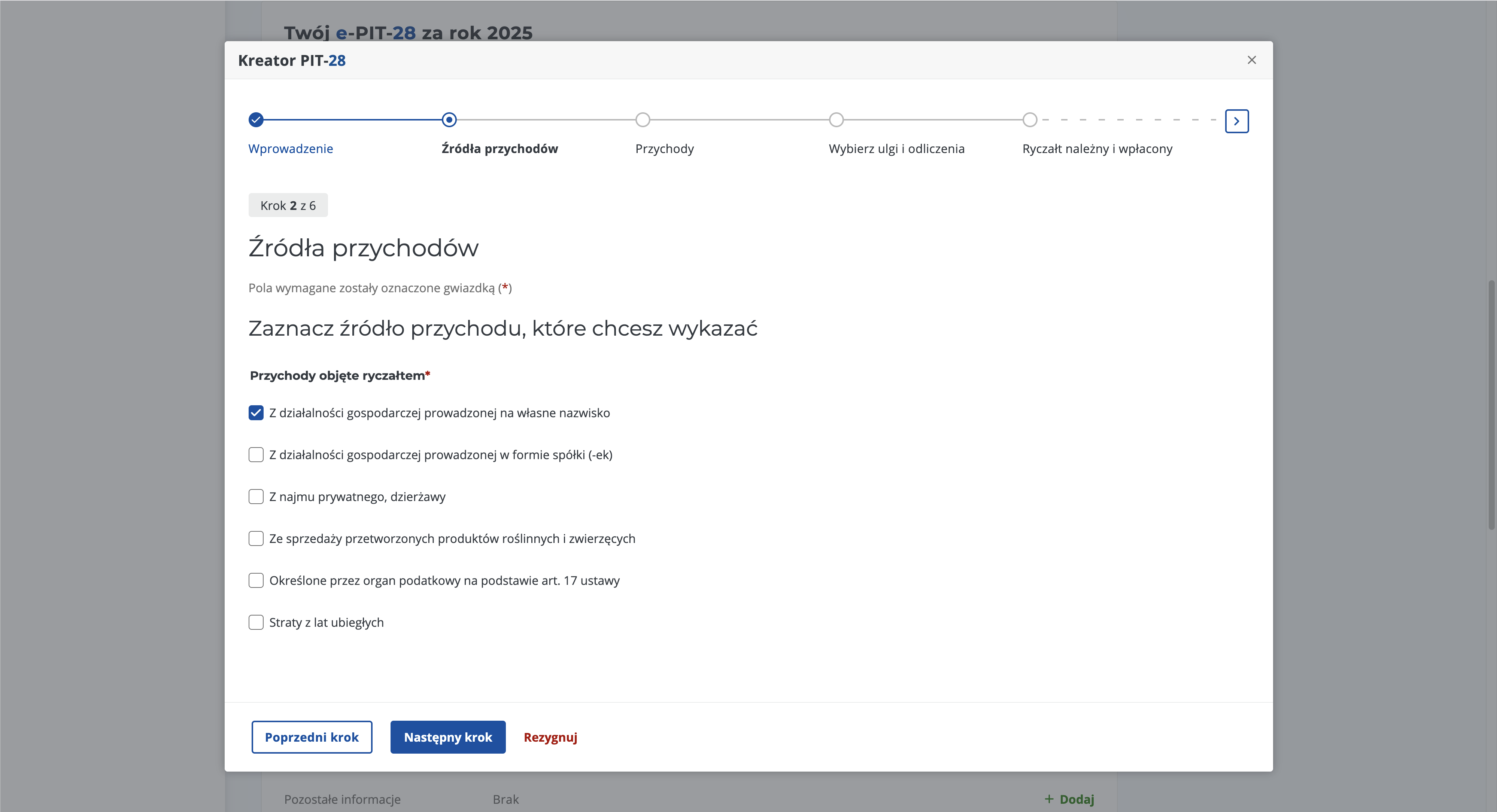 Twój e-PIT: Kreator PIT-28, choosing the business activity form
