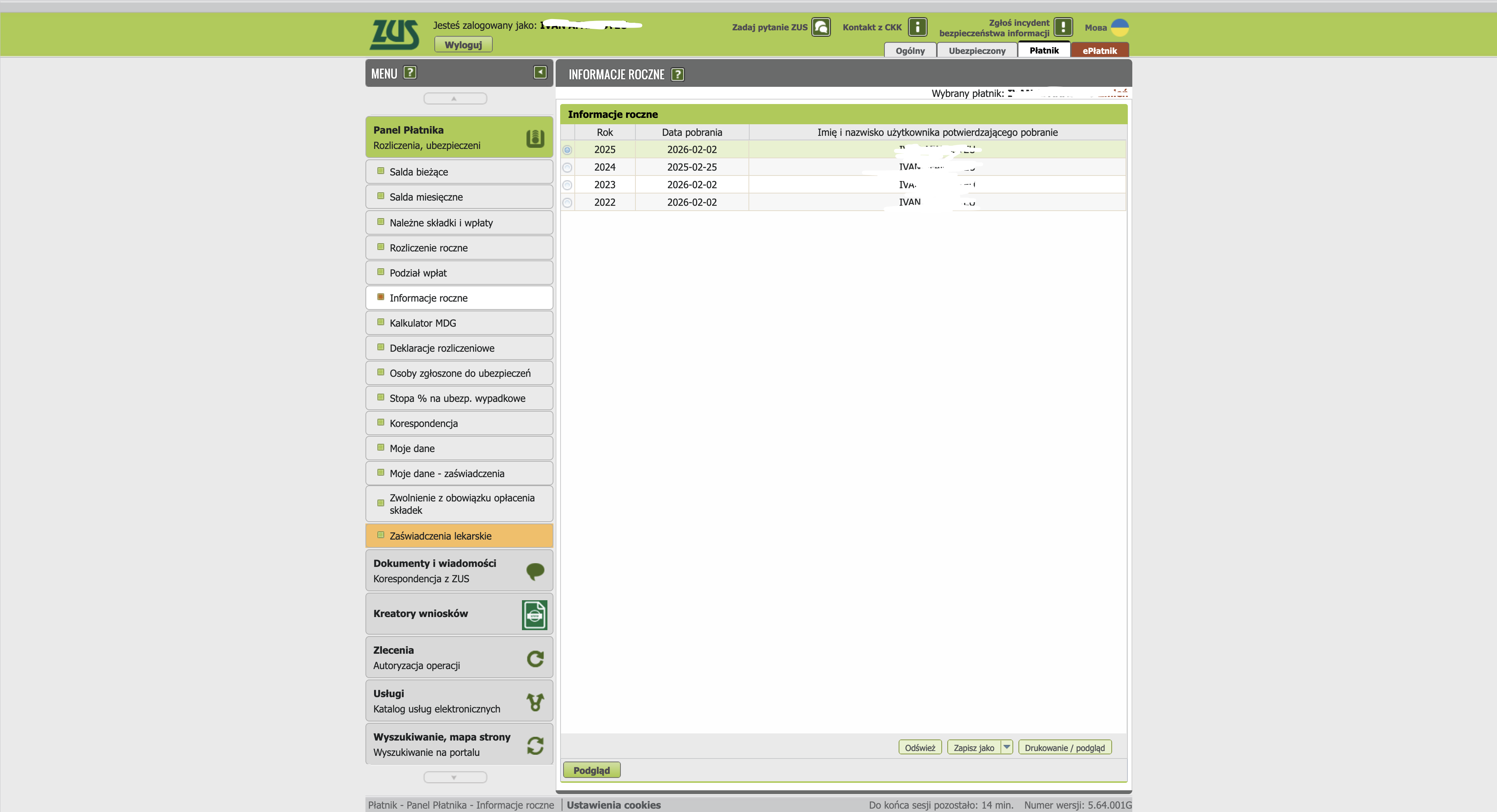 ZUS account: navigating to the Informacje roczne section