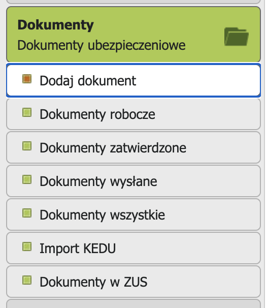 ePłatnik: Dokumenty menu, Dodaj dokument item