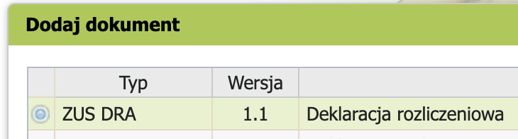 Declaration list: selecting ZUS DRA, Wybierz button