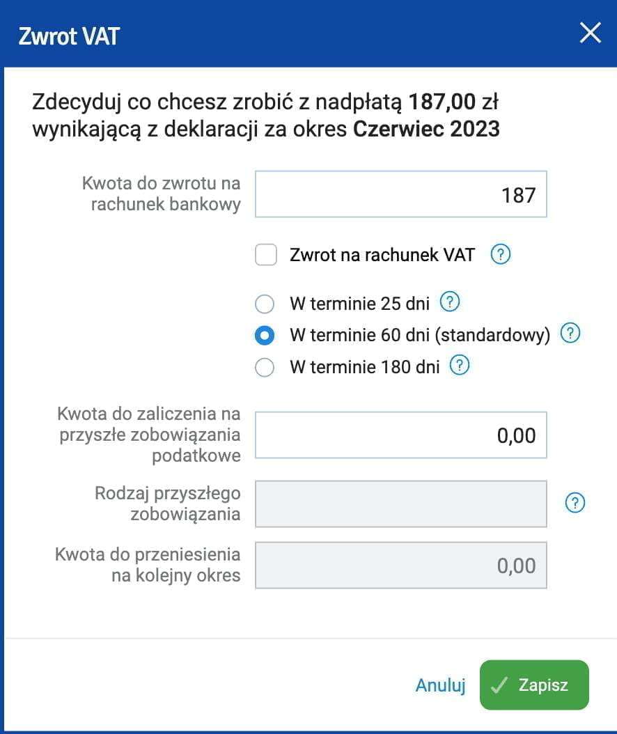 zwrot VAT na rachunek