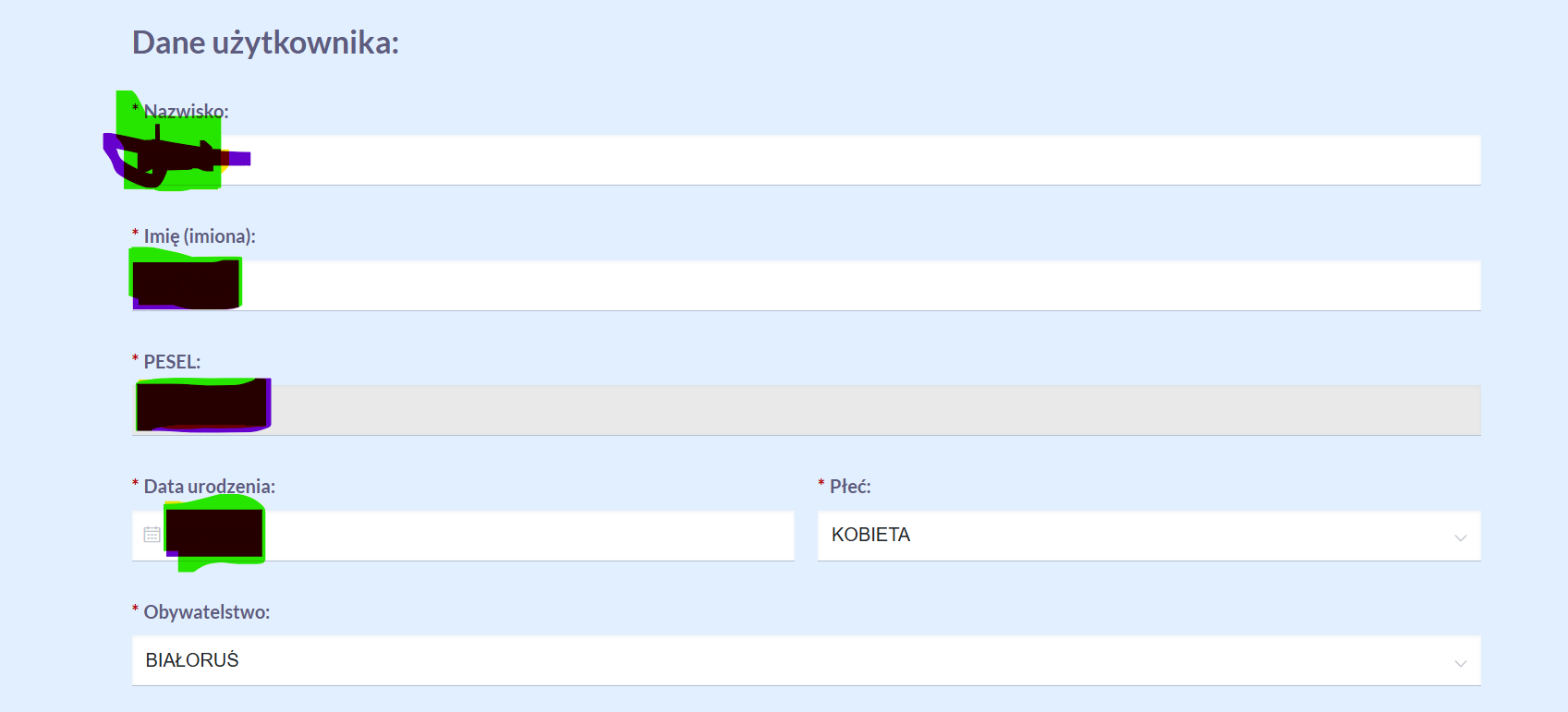 User data form