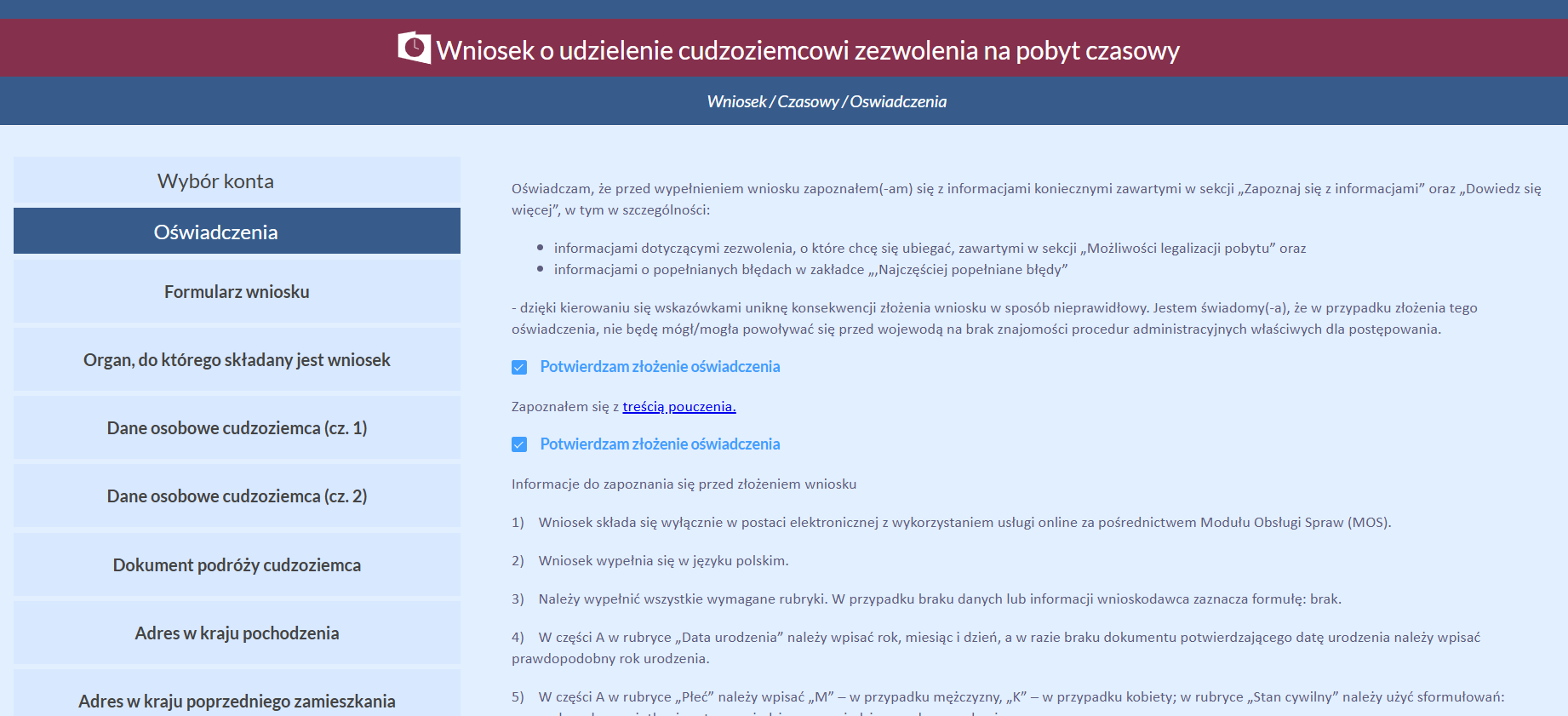 Oświadczenia — screen 1