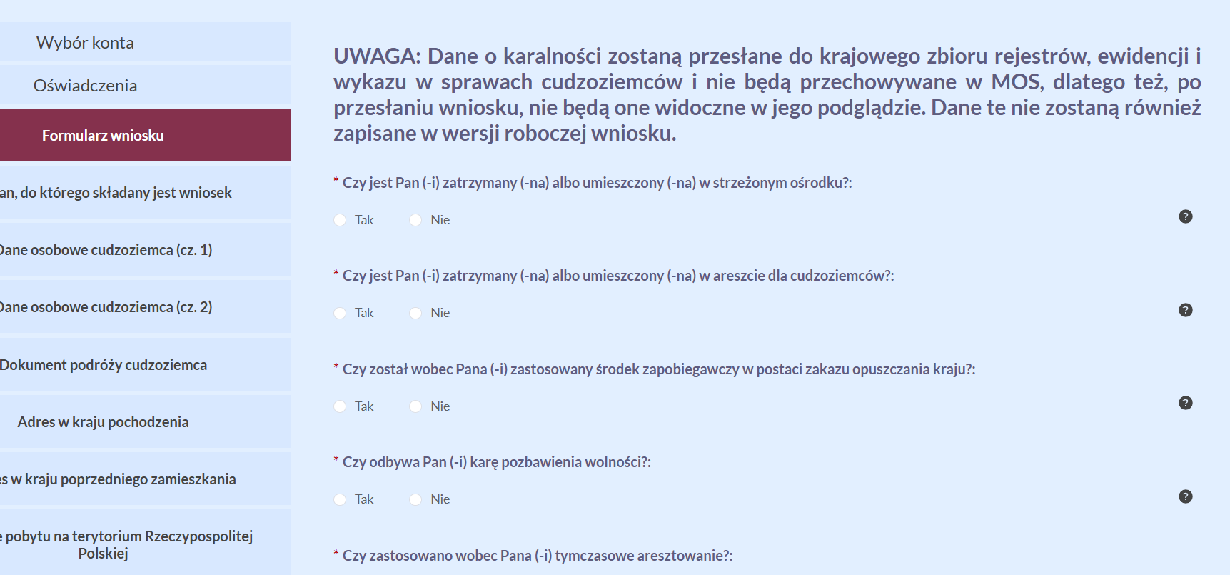 Criminal record questionnaire
