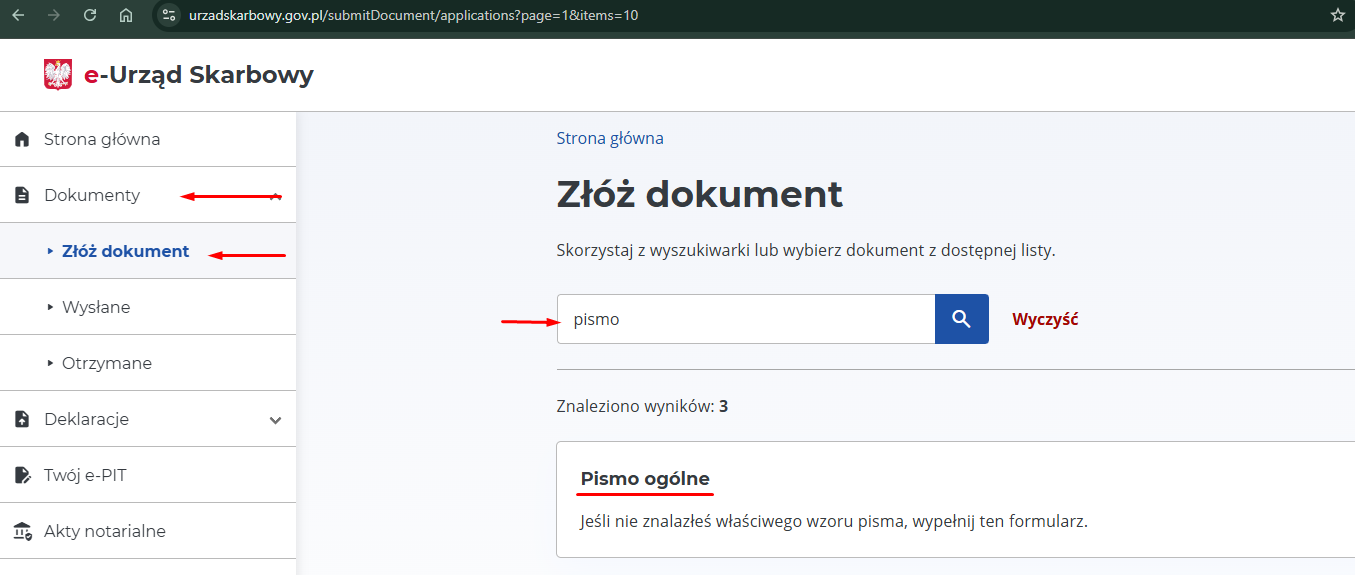 e-Urząd Skarbowy: Złóż dokument — searching for pismo, selecting Pismo ogólne