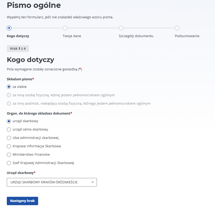 e-Urząd Skarbowy: choosing who the letter is filed for and the Urząd Skarbowy authority