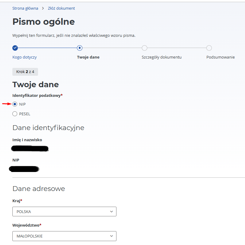 e-Urząd Skarbowy: applicant details, choosing the NIP or PESEL identifier