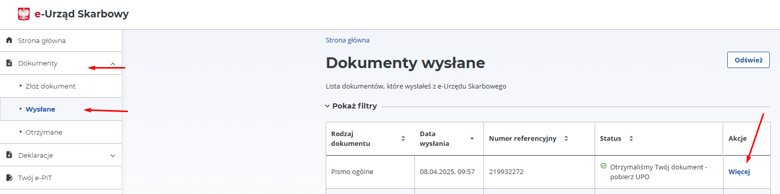 e-Urząd Skarbowy: Dokumenty – Wysłane section, Więcej button