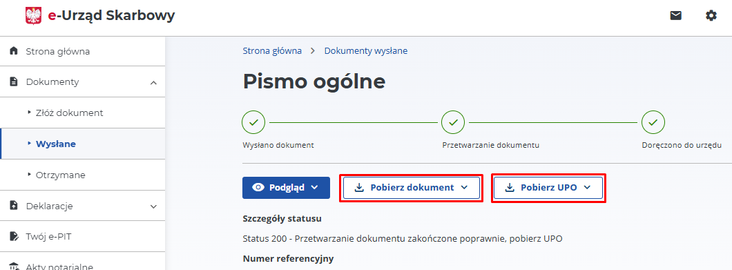 e-Urząd Skarbowy: downloading the letter and delivery confirmation as PDF