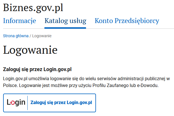 biznes.gov.pl login page: Zaloguj się przez Login.gov.pl option