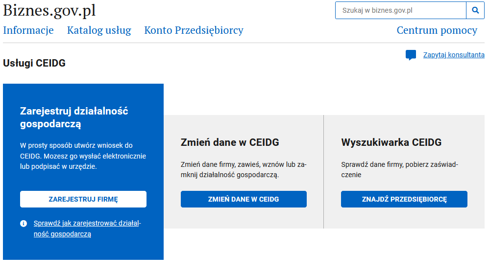 biznes.gov.pl home page: large blue ZAREJESTRUJ FIRMĘ button