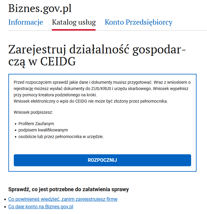 Registration form welcome screen with ROZPOCZNIJ button