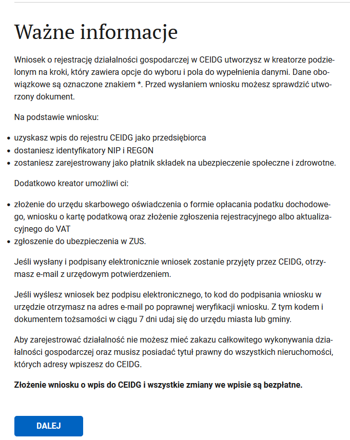 Ważne informacje screen with introductory information and DALEJ button