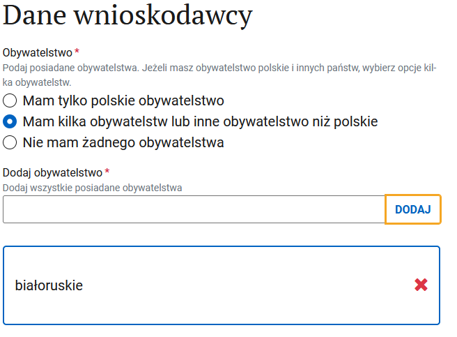 CEIDG form: Dane wnioskodawcy section, applicant citizenship selection