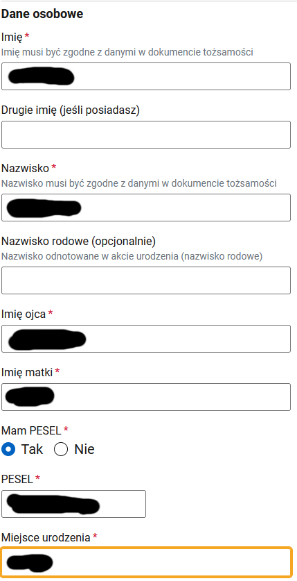 Dane osobowe section: name, surname, parents' names, PESEL, place of birth