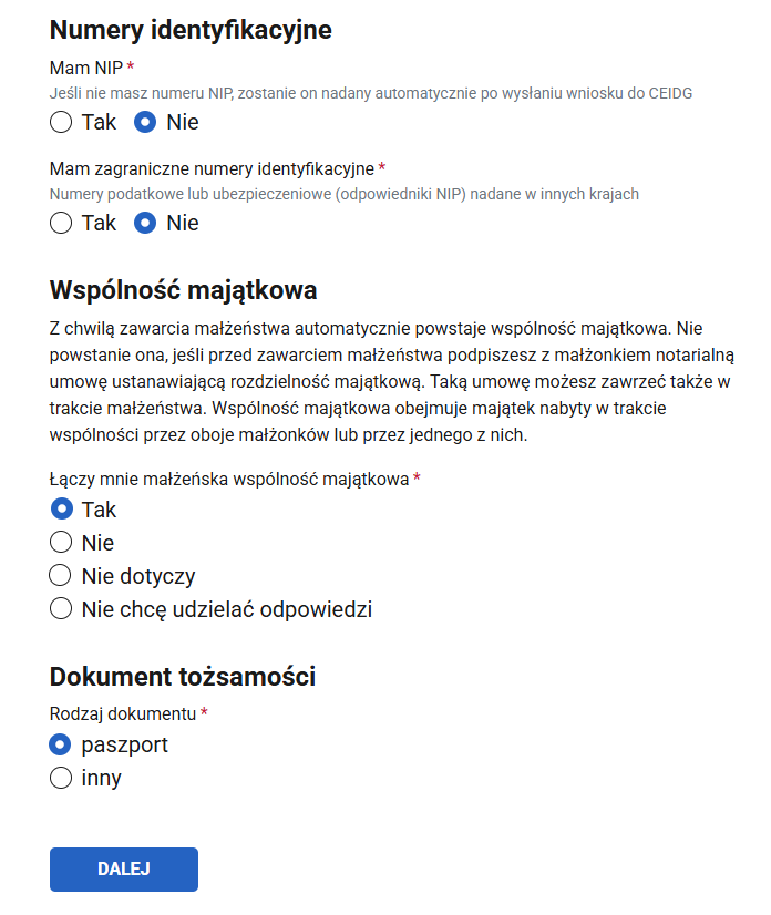 Numery identyfikacyjne section: NIP, foreign tax ID, Wspólność majątkowa