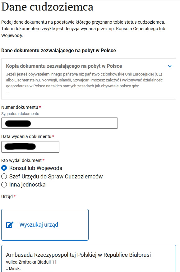Dane cudzoziemca section: visa number and issue date, embassy selection
