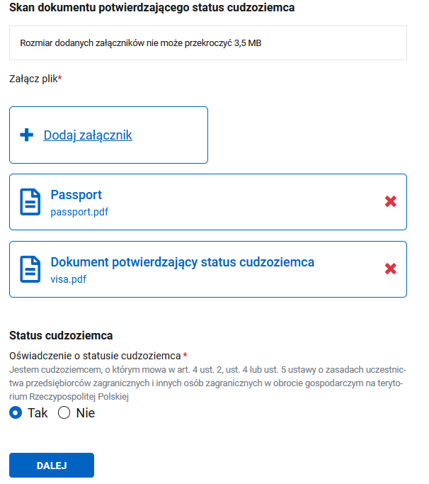 Status cudzoziemca section: document scans and business eligibility checkbox