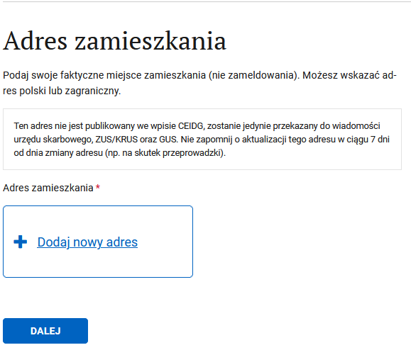 Adres zamieszkania step with Dodaj nowy adres button