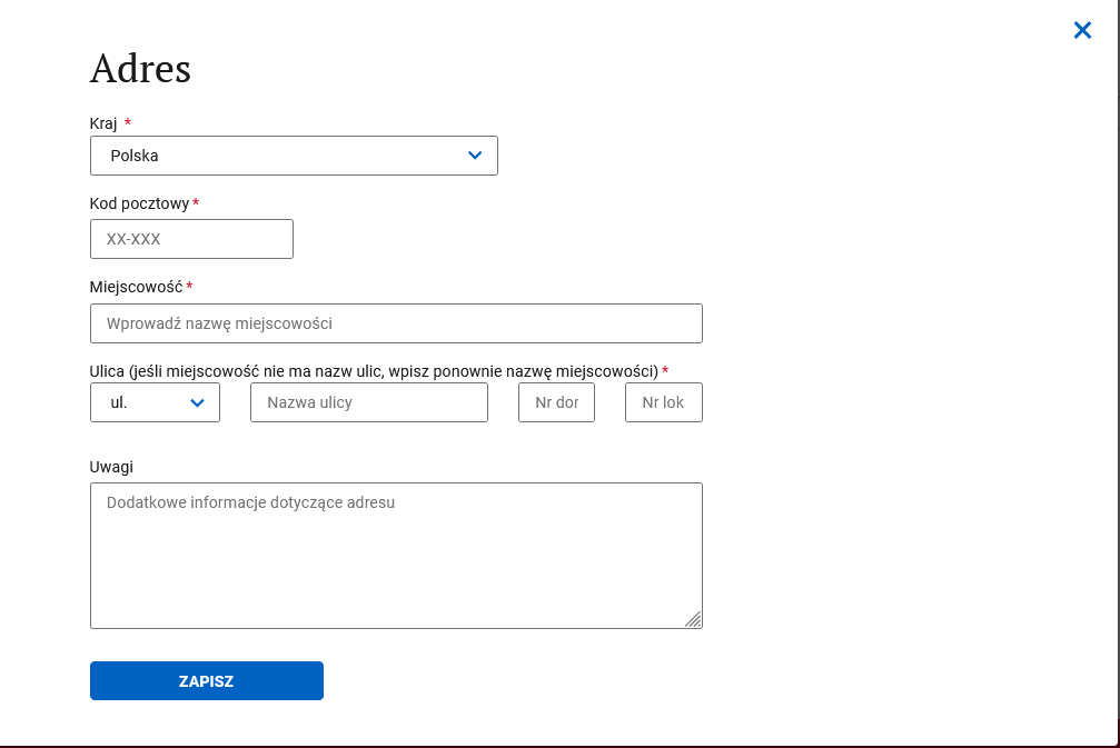 Dodaj nowy adres dialog: address fields and ZAPISZ button