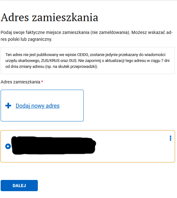 Adres zamieszkania step with the residential address filled in