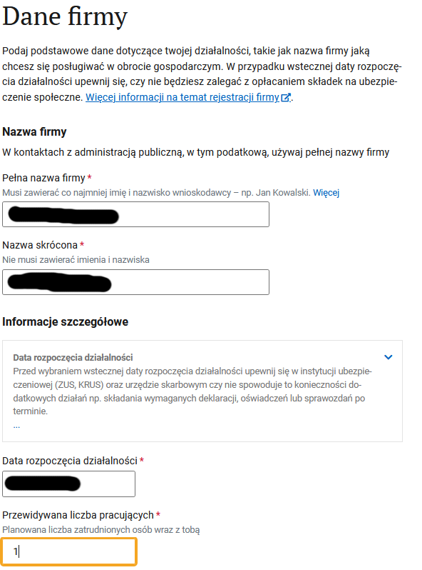 Dane firmy section: company name, start date, number of employees