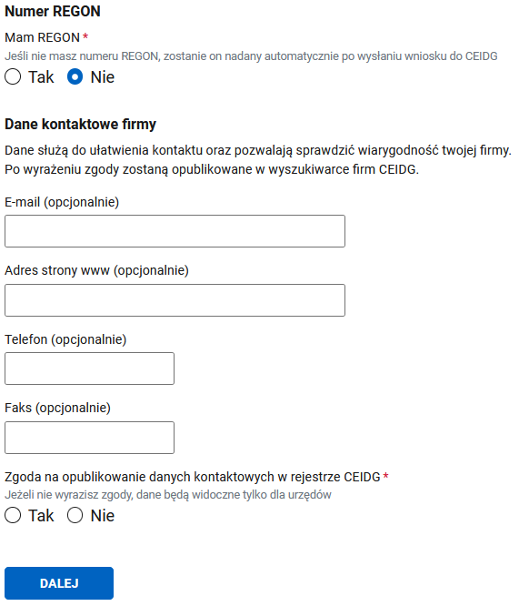 Dane kontaktowe section: contact details for the CEIDG register, Nie selected
