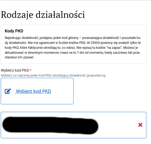 Kody działalności section: Wybierz kod PKD button and the primary PKD code