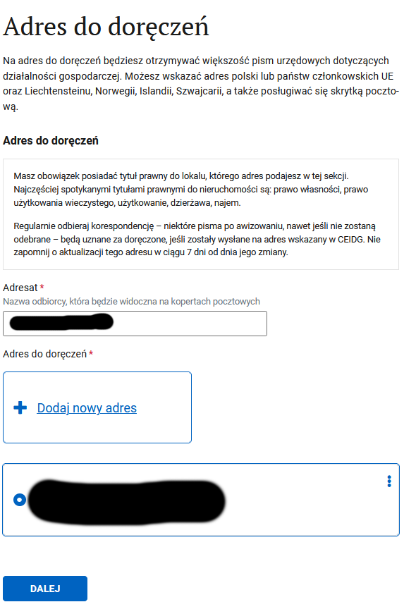 Adres do doręczeń step: recipient and correspondence address