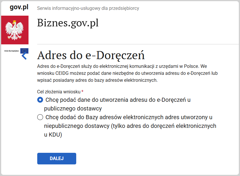 Adres do e-Doręczeń step: option to create a new e-Doręczenia address selected