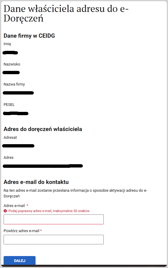 Dane właściciela adresu do e-Doręczeń step: email field for notifications