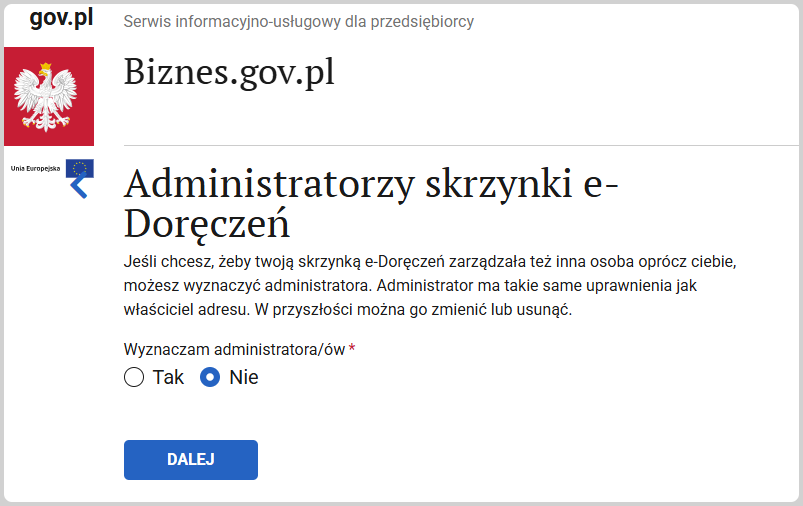 Administratorzy skrzynki e-Doręczeń step with Nie selected