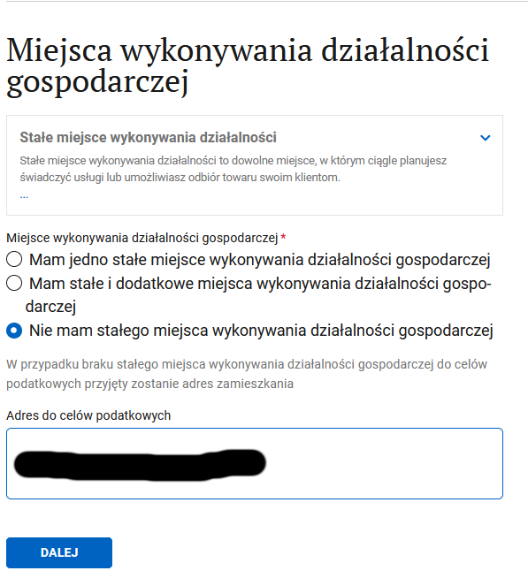 Miejsca wykonywania działalności step: no permanent place of business option