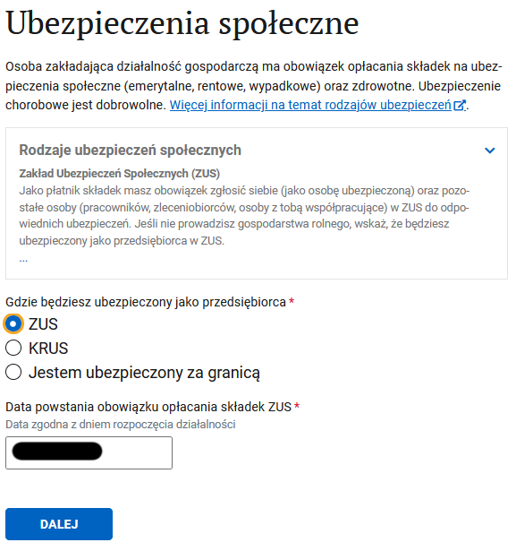 Ubezpieczenia społeczne step: ZUS selected and contribution start date