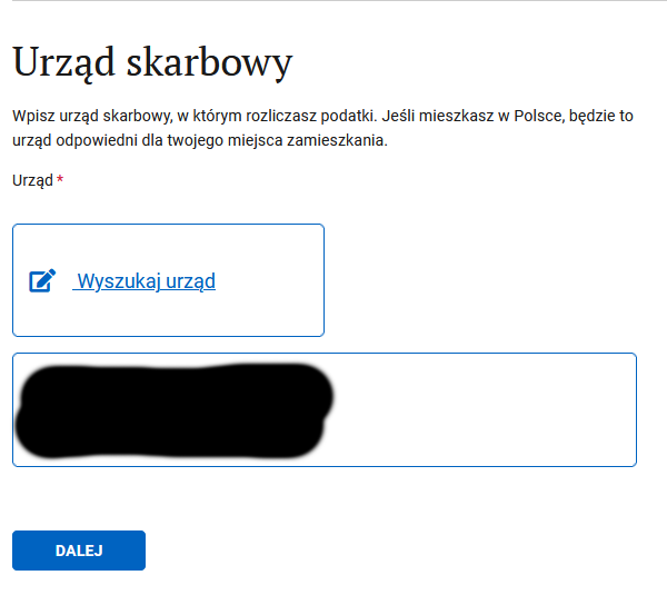 Urząd skarbowy step: automatically selected tax office