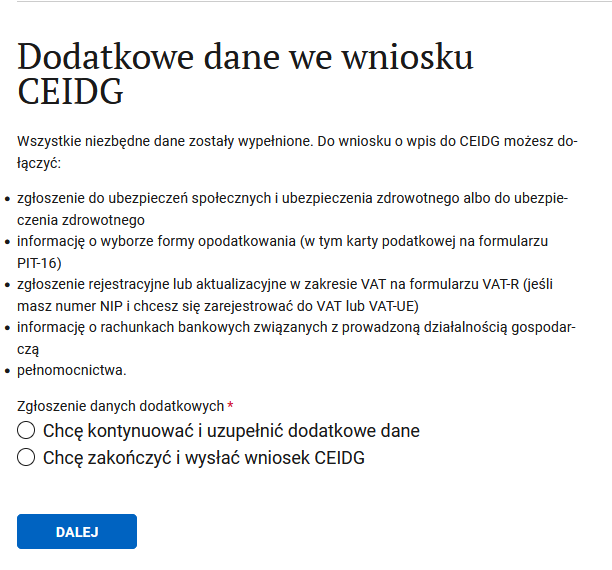 Dodatkowe dane step: ZUS registration and tax system option selected