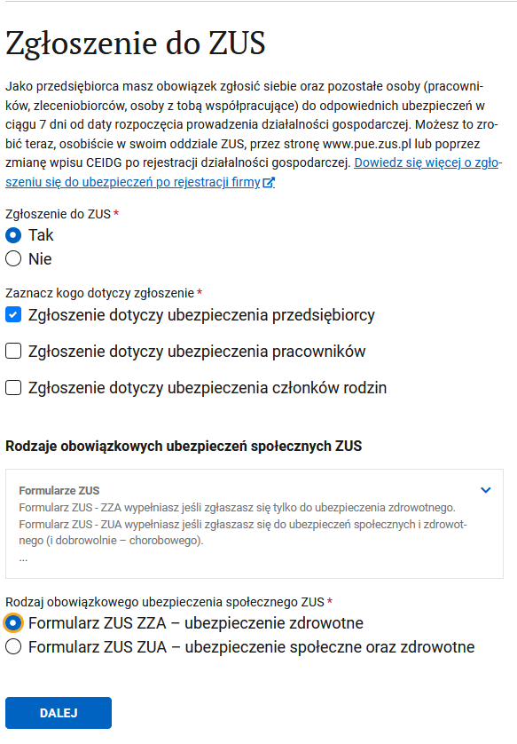 Zgłoszenie do ZUS step: registration checkboxes and ZUS ZZA form selection