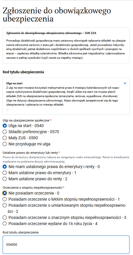 Zgłoszenie do ubezpieczenia step: ulga na start, pension and disability options